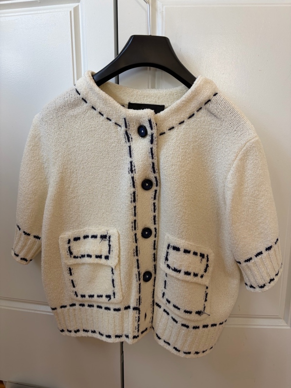 Zara White Knit Button-Front Cardigan with Navy Stitching